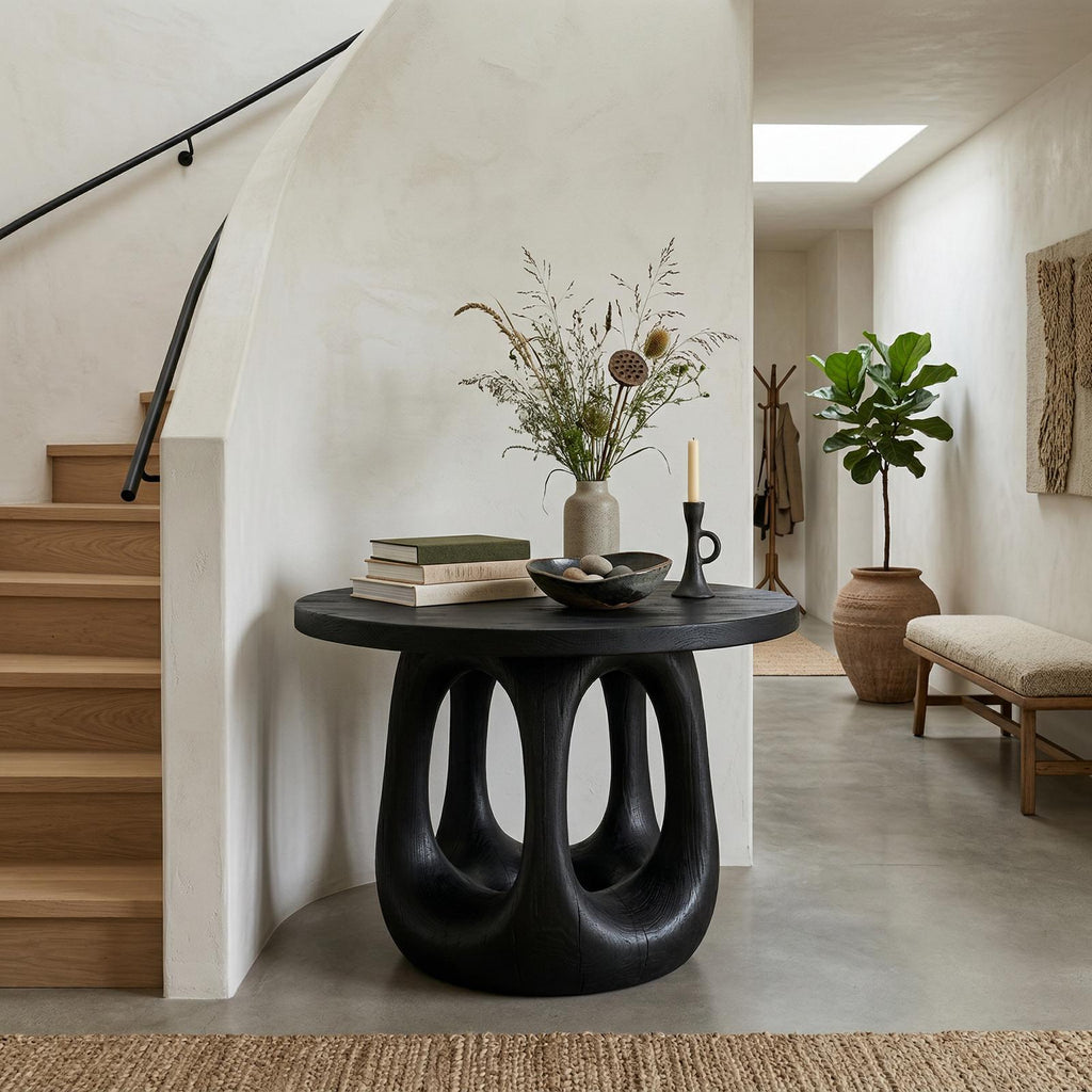 Modern Sculptural Foyer Table, Solid Wood Entryway Table, Geometric Pedestal Accent for Living Room