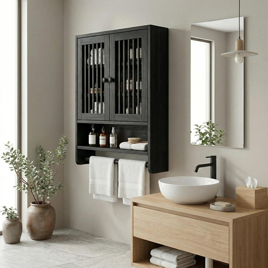 Bathroom Cabinet with Shelves, Solid Wood Wall Storage Organizer Cupboard for Bathroom Space