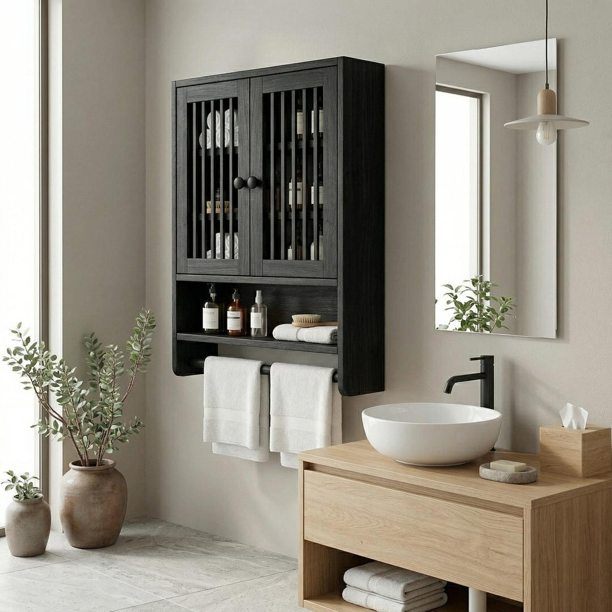 Bathroom Cabinet with Shelves, Solid Wood Wall Storage Organizer Cupboard for Bathroom Space