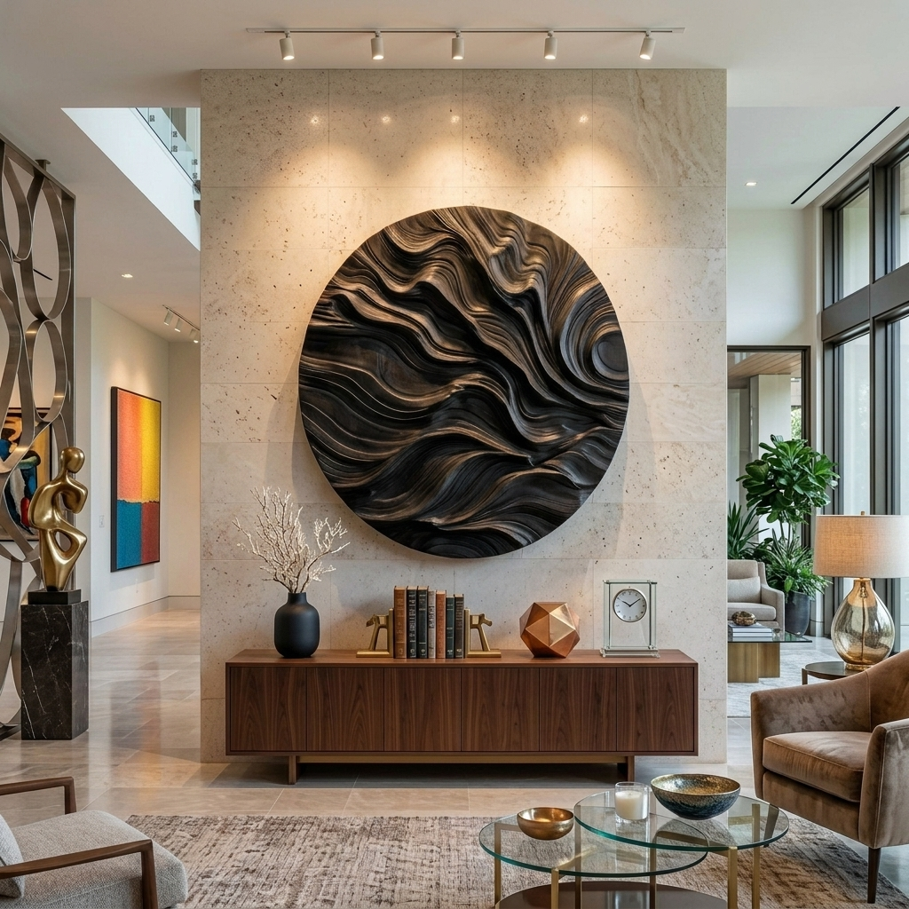 Round Carved Wood Wall Sculpture, 3D Abstract Mandala Style Circular Wood Panel Art for Living Room