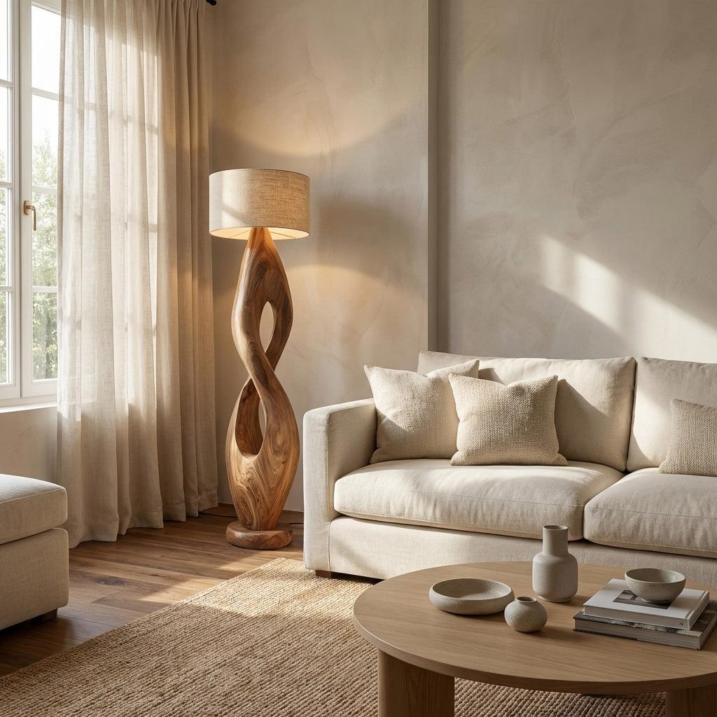 Modern Twisted Wooden Floor Lamp, Handcrafted Solid Wood Spiral Standing Light with Shade for Living Room, Model