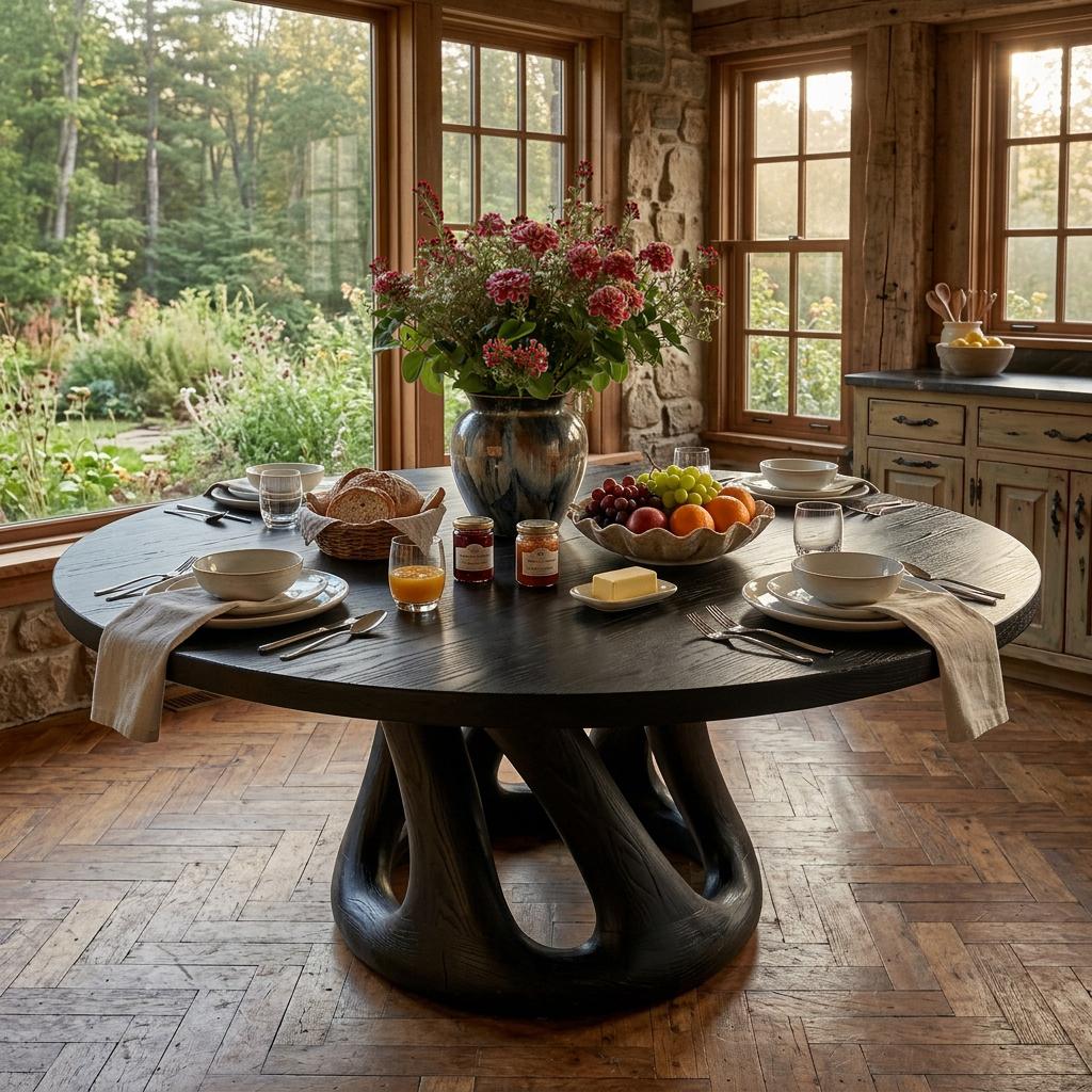 Spry Interior Modern Wooden Dining Table with Column Pedestal Base, Round Solid Wood Kitchen Table, Model RTTHTTDN056