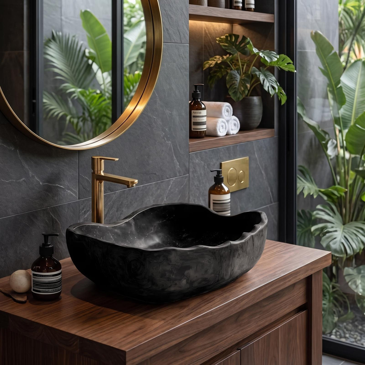 Mid-Century Solid Wood Vessel Sink, Handcrafted Organic Shape Bathroom Wash Basin for Modern Luxury Vanity Decor