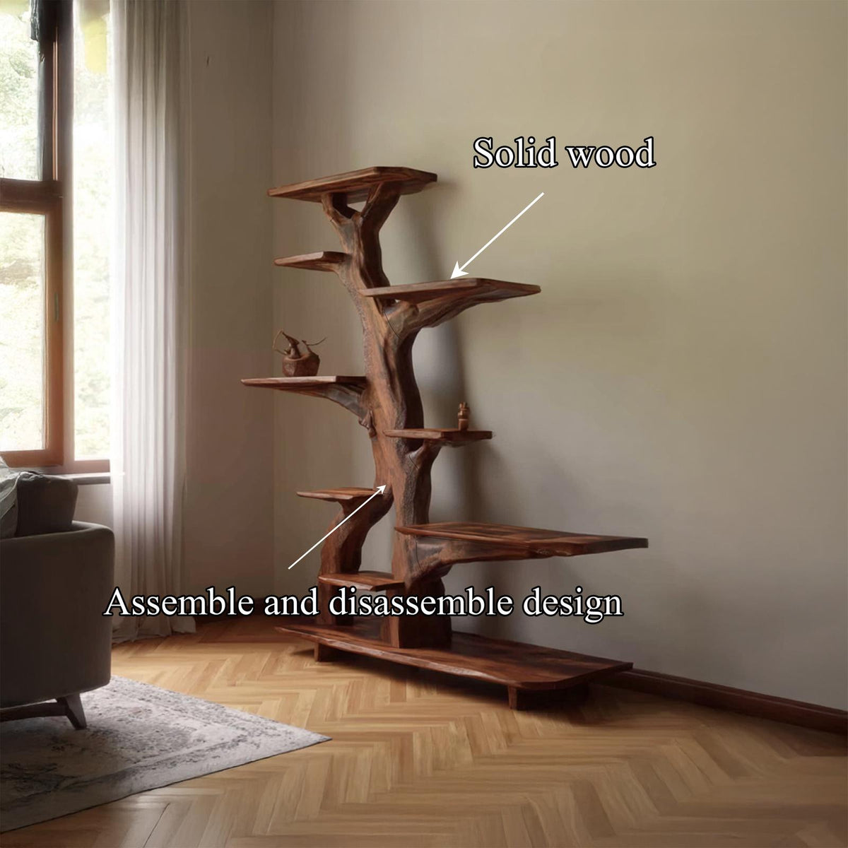 Rustic Free Standing Tree Bookshelf, Handcrafted Solid Wood Bookcase & Organizer for Living Room and Dining Room Storage