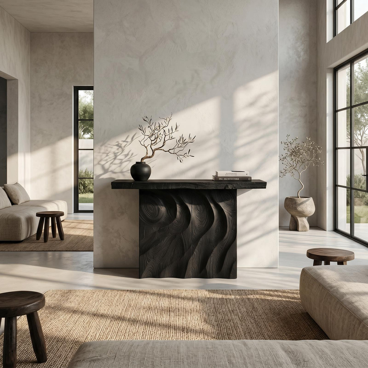 Mid Century Sculpted Base Console Table For Reception Area