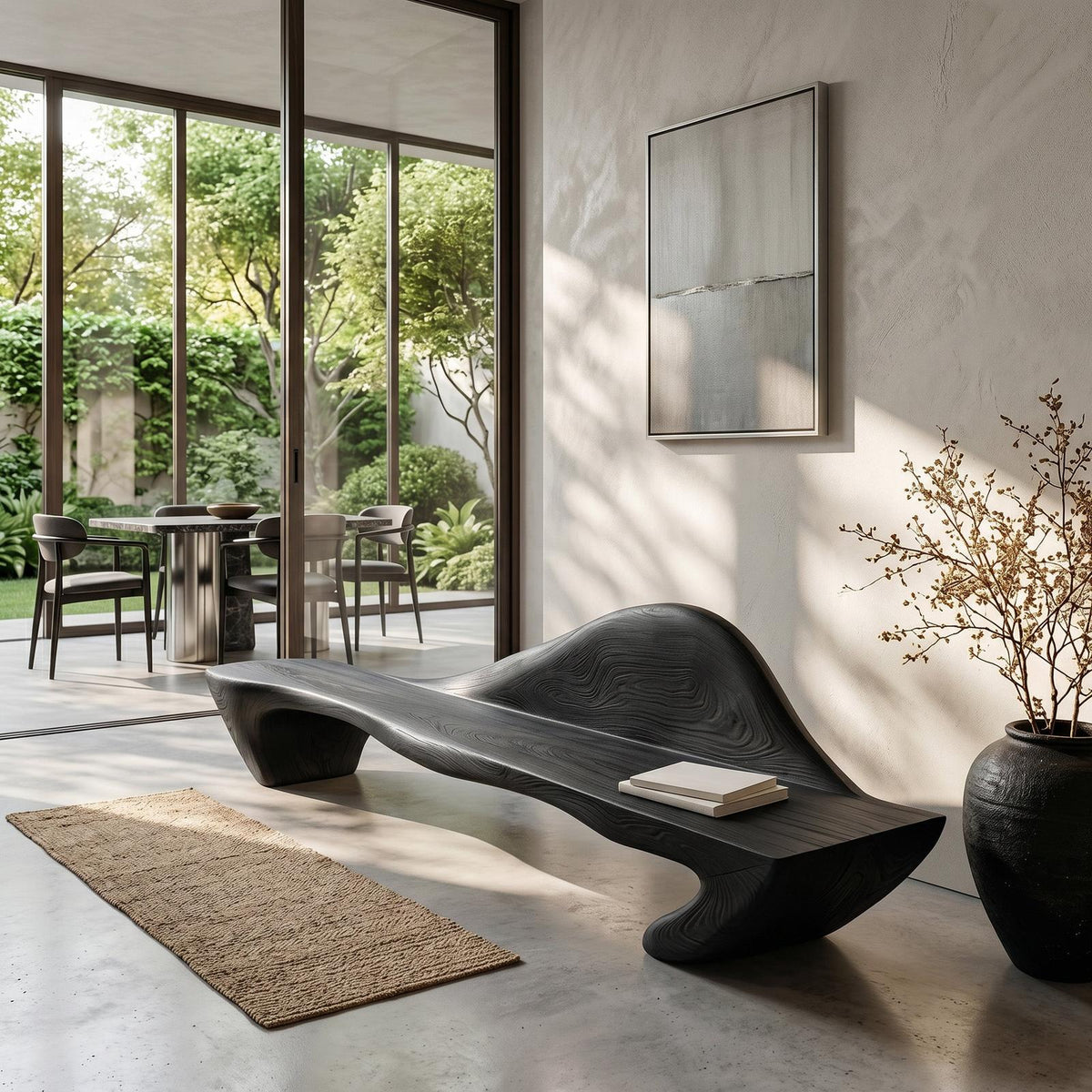 Contemporary Sculptural Bench With Raised Backrest For Entryway