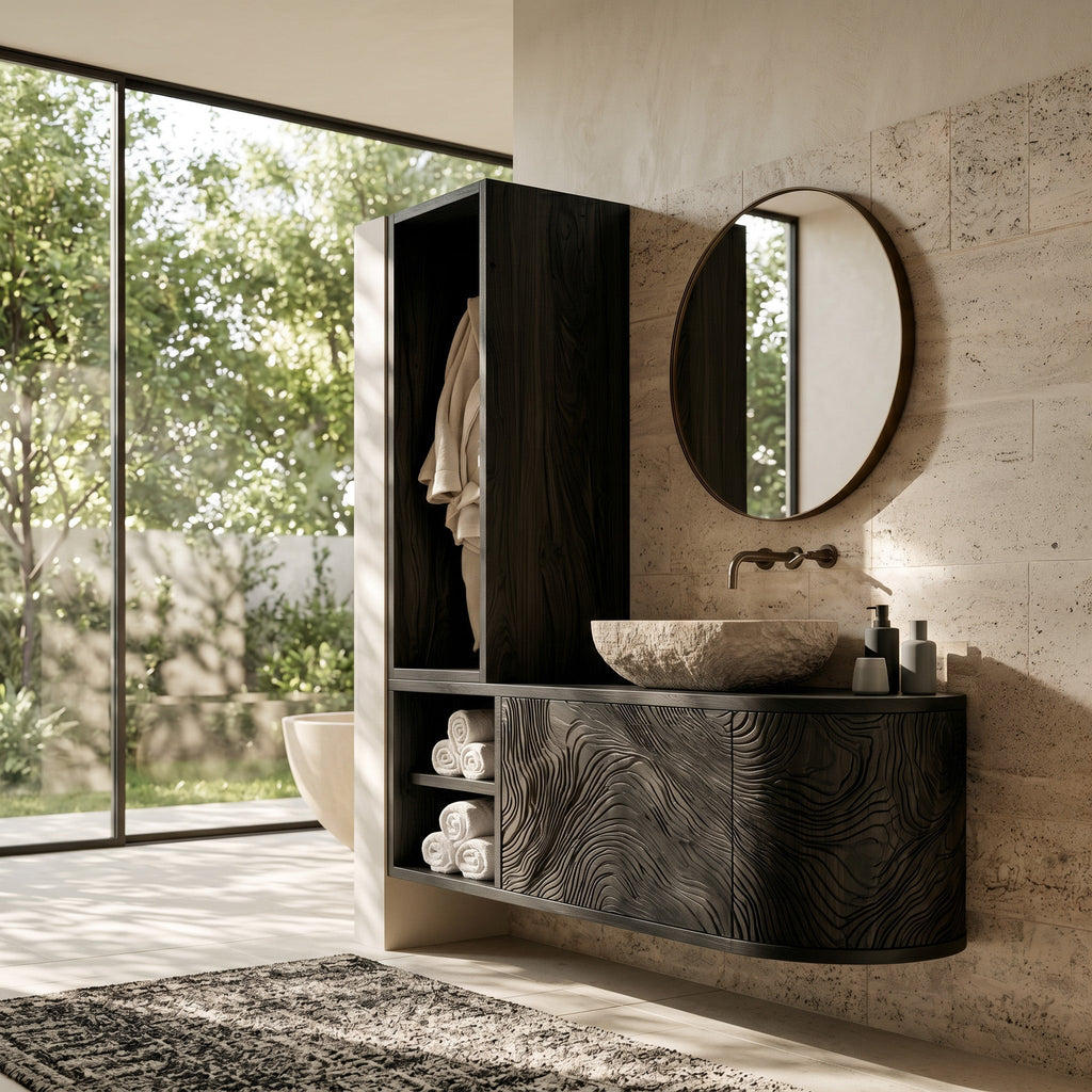 Organic Carved Bathroom Vanity With Linen Tower Side For Bathroom