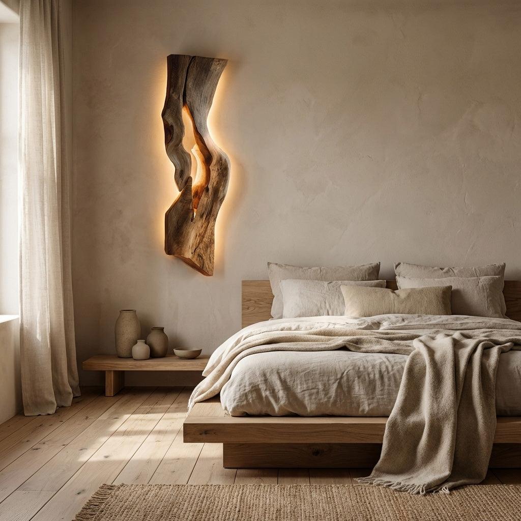 Rustic Wooden Wall Lamp, Handcrafted Natural Wood Sconce Light for Bedroom Headboard & Hallway Accent, Model