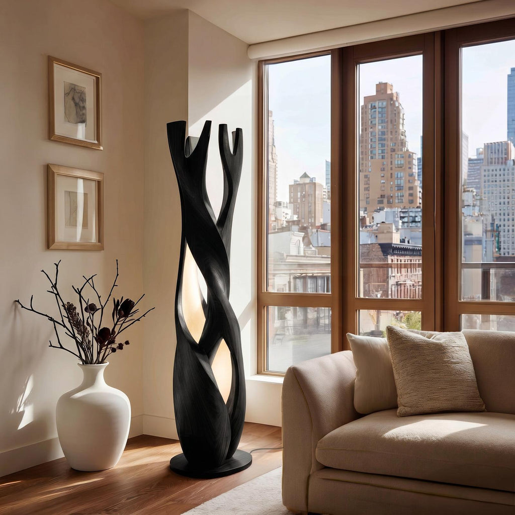 Statement Wooden Sculpture Lamp, Sculptural Solid Wood Artistic Accent Light for Luxury Home Living Room, Model