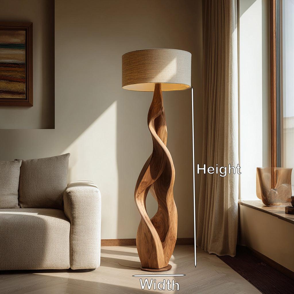 Sculptural Wooden Floor Lamp with Fabric Shade, Modern Solid Wood Standing Night Light for Bedroom Cozy Corner, Model