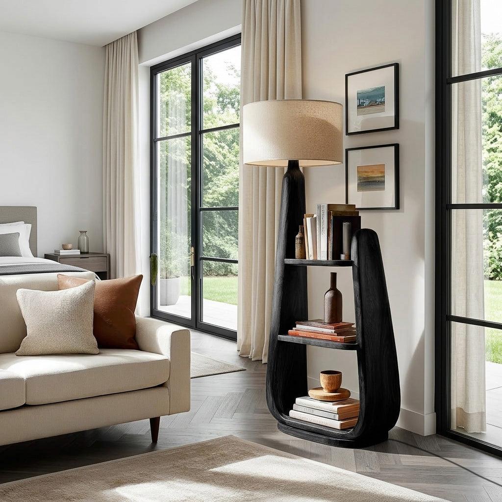 Mid-Century Wooden Floor Lamp with Integrated Storage Shelves, Modern Standing Light for Living Room, Model