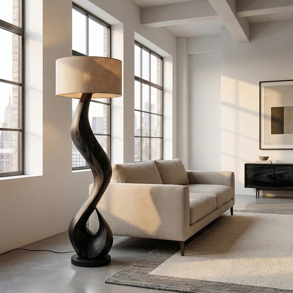 Modern Wooden Floor Lamp with Flowing Organic Form, Tall Standing Accent Light for Living Room Corner, Model