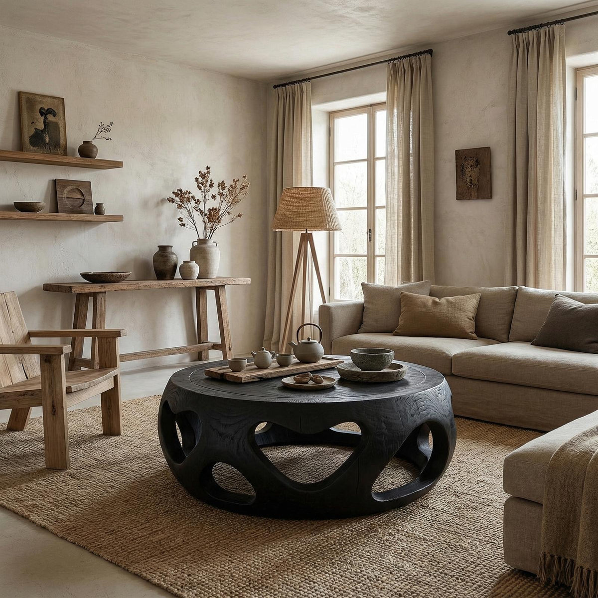 Spry Interior Organic Coffee Table, Solid Wood Circular Hollow Sculptural Center Table, Modern Living Room Furniture, SINLSACF352
