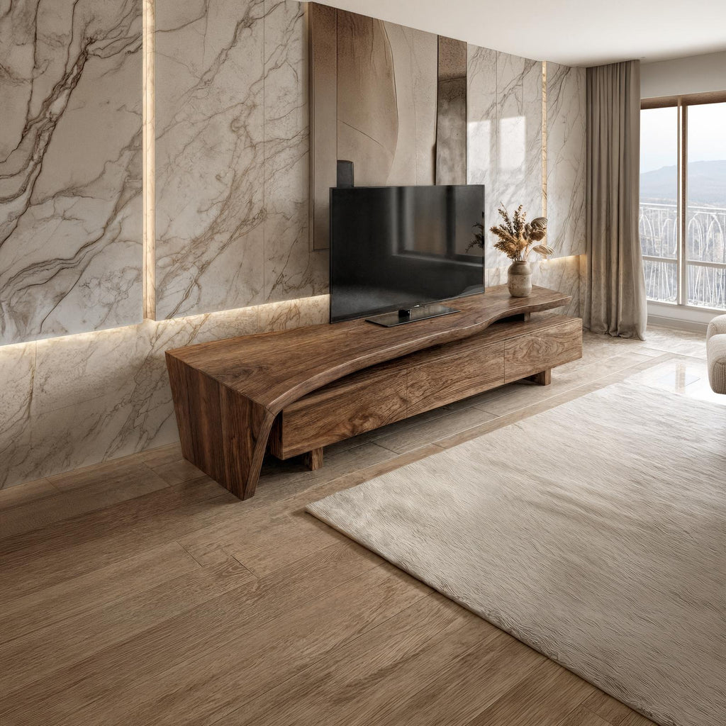 Sculptural Rustic TV Cabinet Solid Wood Living Room