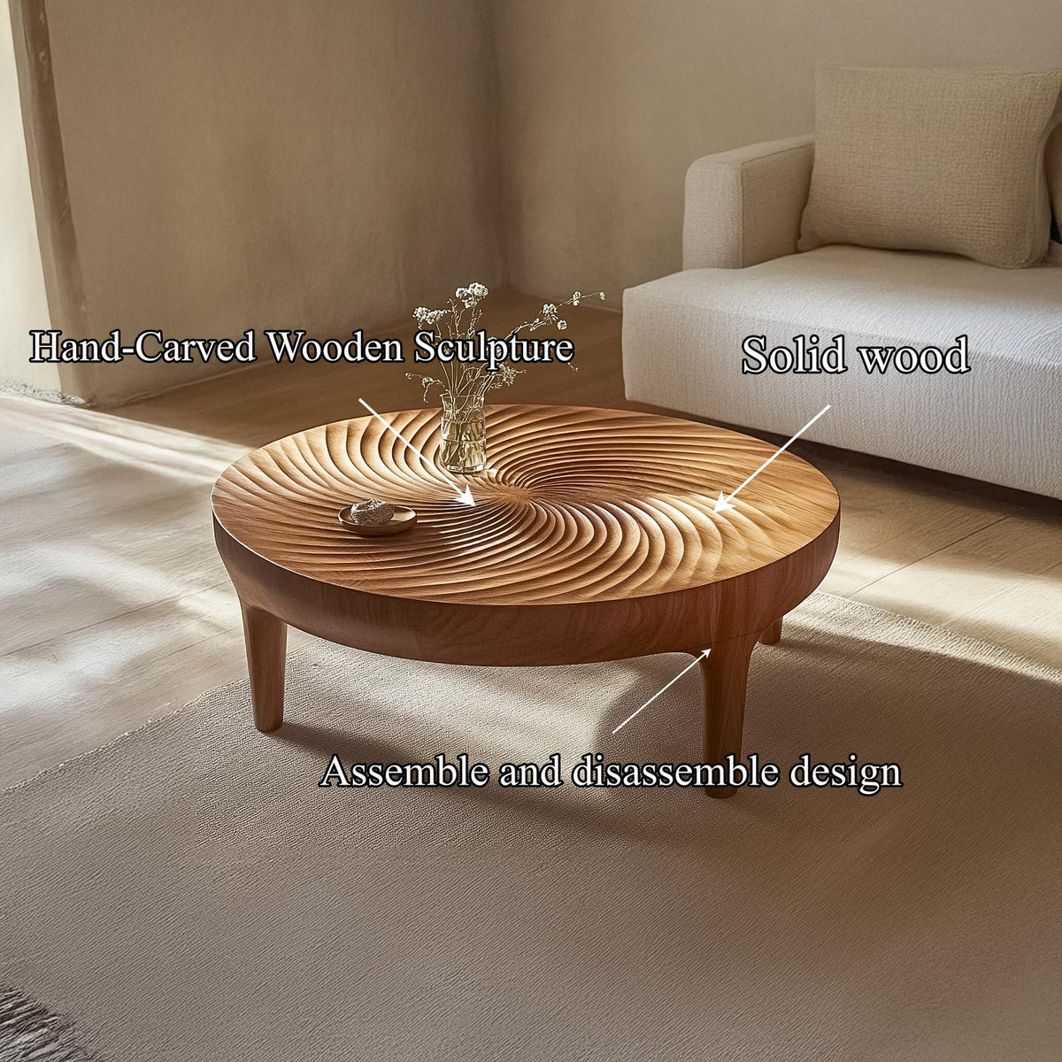 Ripple Carved Solid Wood Coffee Table, Artistic Handcrafted Center Table for Luxury Living Room Interior Decor