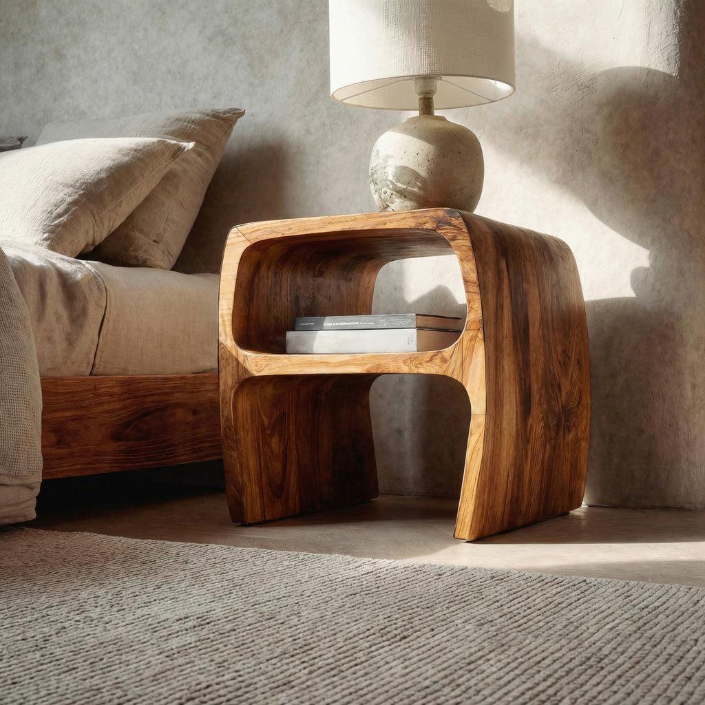 Spry Interior Modern Sculptural Wooden Nightstand with Open Storage Shelf, Unique Organic Bedside Table, Model RTTHHNNS025