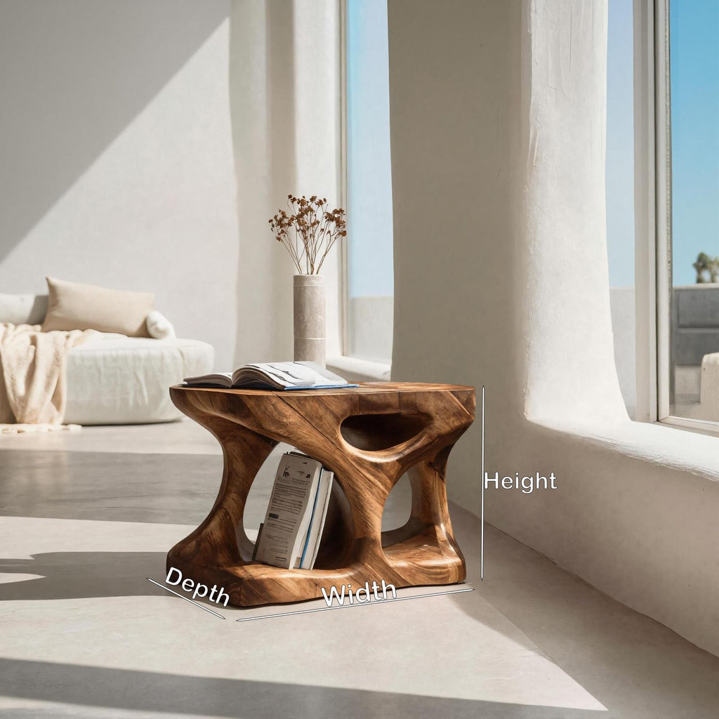 Scandinavian Wooden Side Table, Minimalist Curved End Table with Open Storage Shelf for Living Room, Model