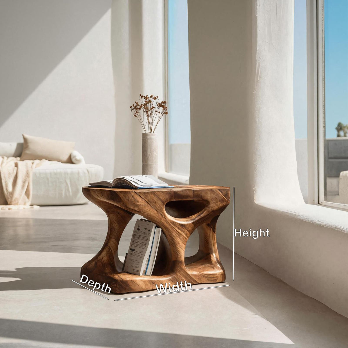 Scandinavian Wooden Side Table, Minimalist Curved End Table with Open Storage Shelf for Living Room, Model