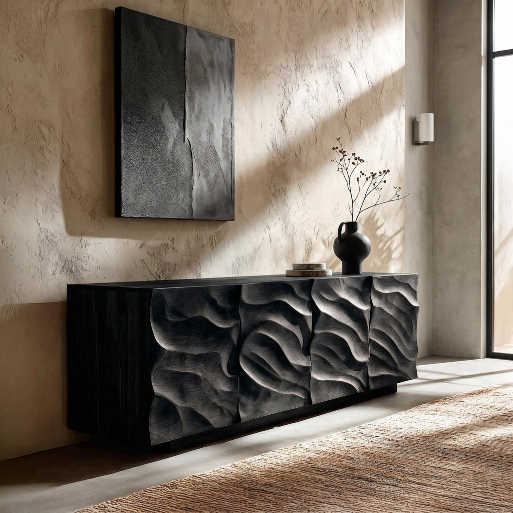 Artistic Carved Wooden Cabinet, Luxury Handcrafted Solid Wood Sideboard Credenza for Elegant Living Spaces, Model
