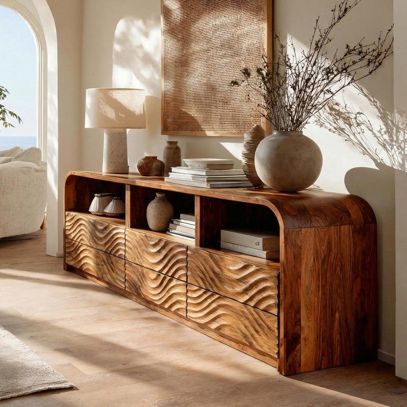 Luxury Natural Wood Sideboard, Handcrafted Solid Wood Credenza Storage Cabinet & Buffet for Living Room, Model