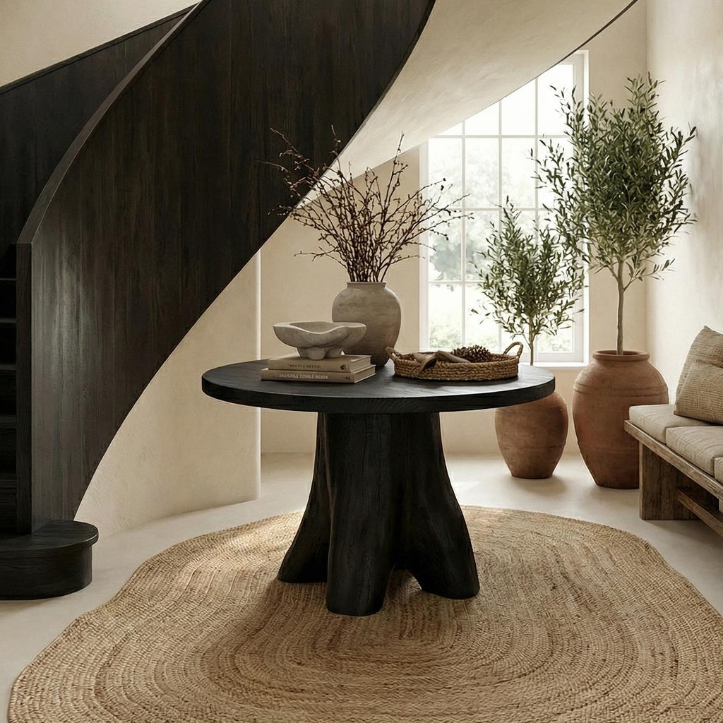 Modern Sculptural Foyer Table, Solid Wood Pedestal Entryway Accent Table for Living Room
