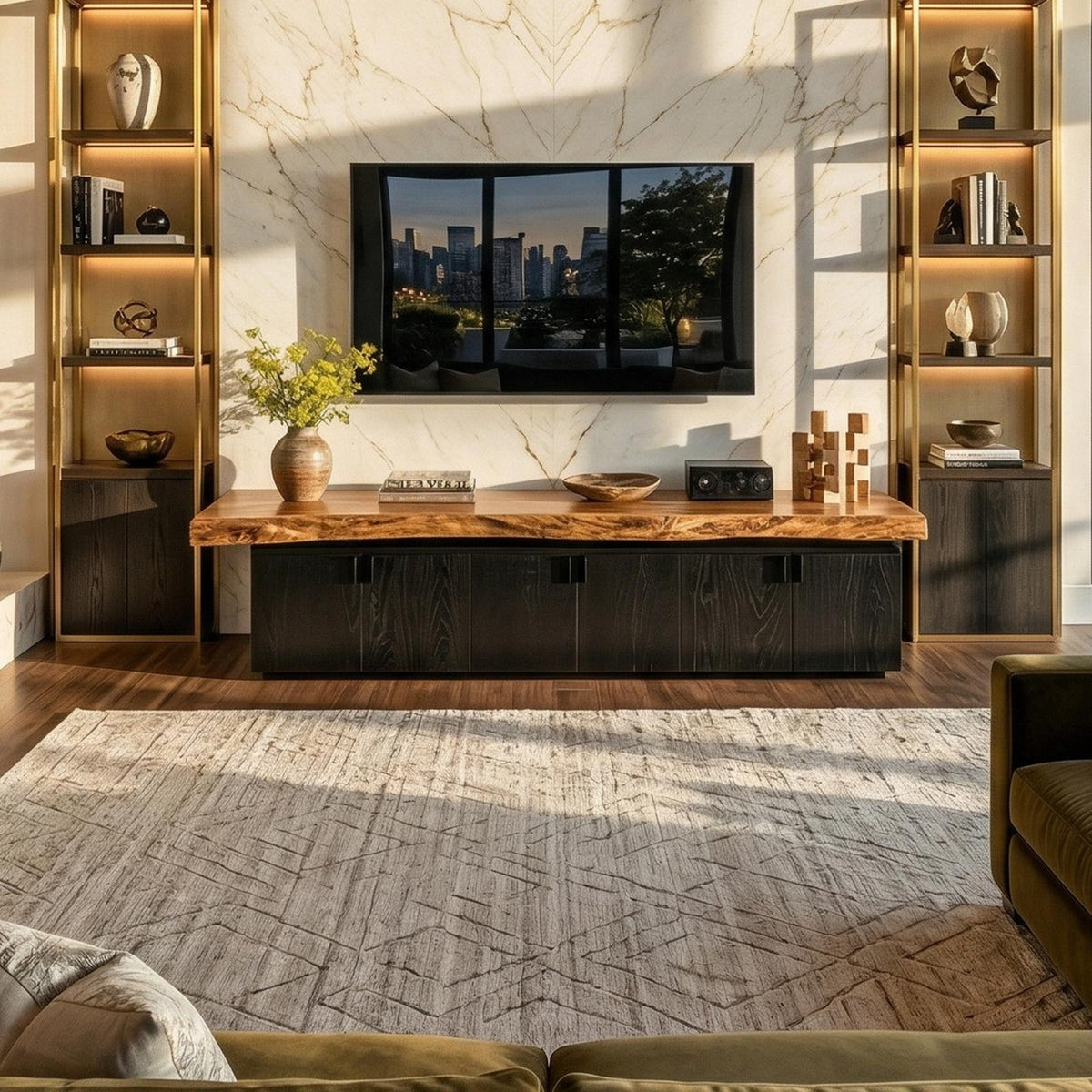Contemporary TV Cabinet, Solid Wood Media Console Credenza with Multi-Storage for Living Room