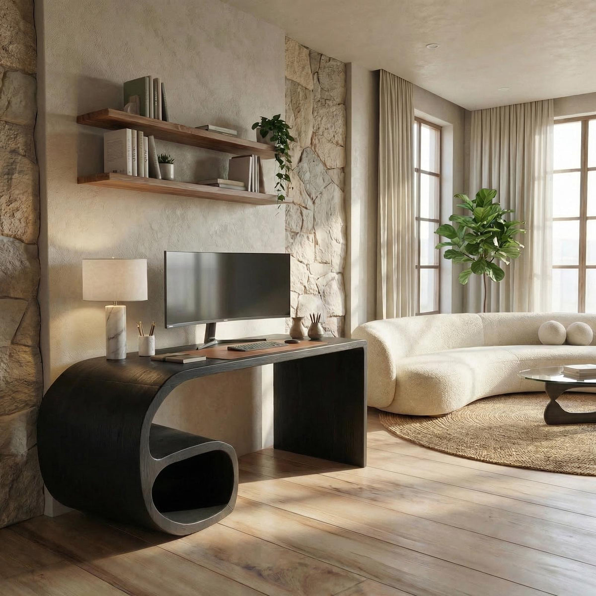 Modern Sculptural Desk, Solid Wood Artistic Computer Writing Desk for Home Office