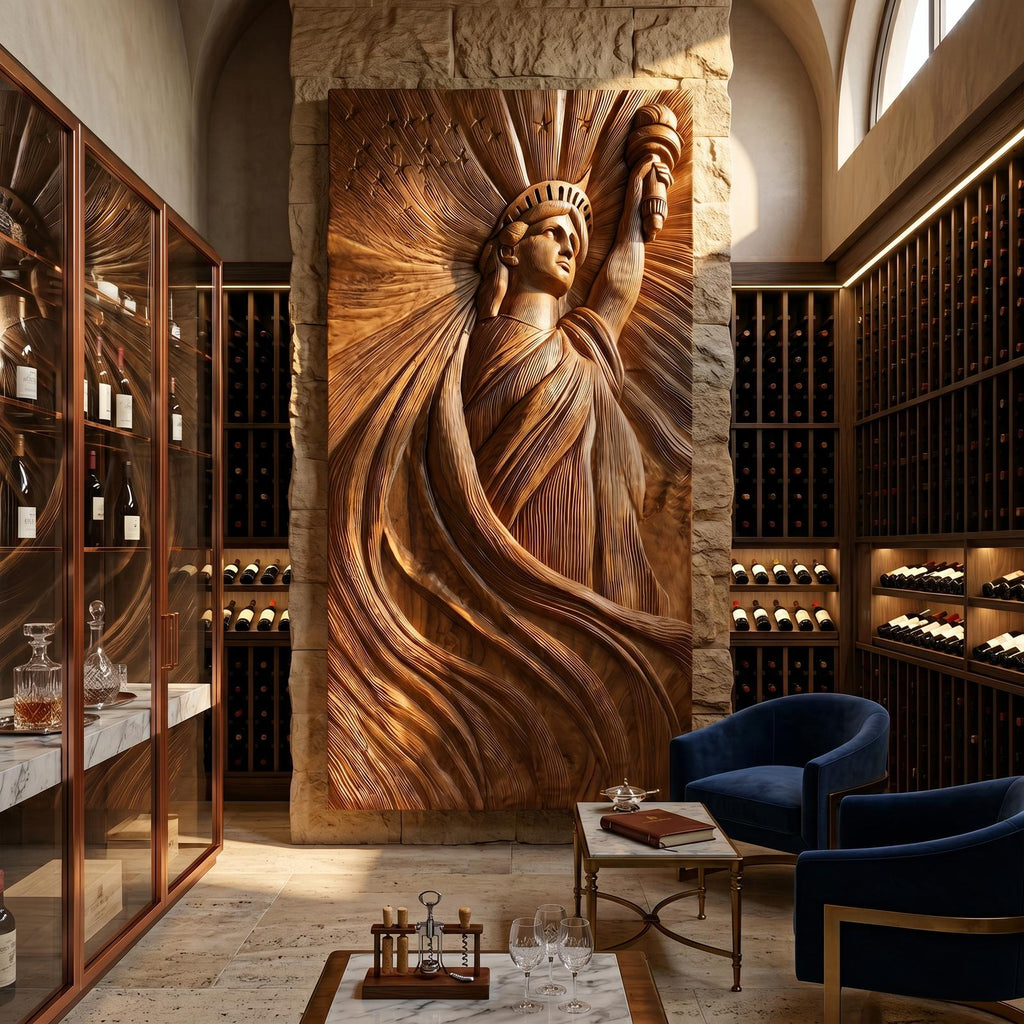 Coastal Modern Statue of Liberty Wood Wall Art, Handcrafted 3D Wooden Icon Sculpture Panel for Luxury Beach Villa Bedroom Decor, SILDTTRWA121