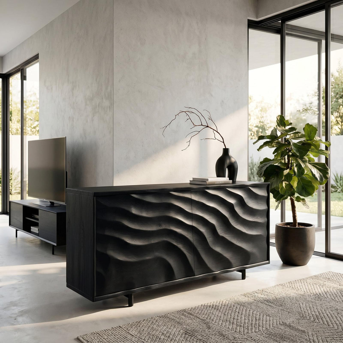 Spry Interior Contemporary Wooden Sideboard with Carved Doors, Handcrafted Solid Wood Credenza Storage Cabinet for Home, Model RTTHHNSD042