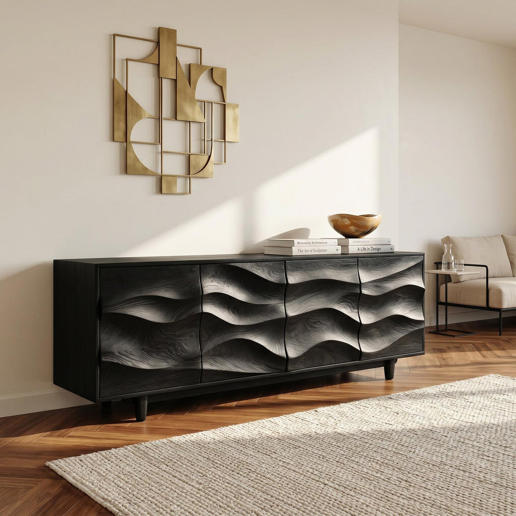 Rustic Wooden Sideboard with Undulating Doors, Handcrafted Solid Wood Credenza Storage Cabinet for Living Room, Model
