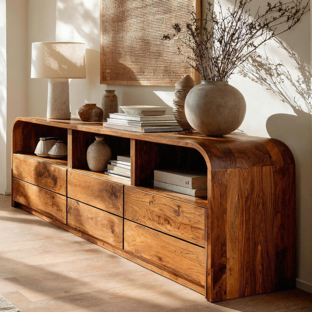Modern Natural Wood Sideboard with Open Shelf, Handcrafted Solid Wood Credenza Cabinet for Living Room, Model
