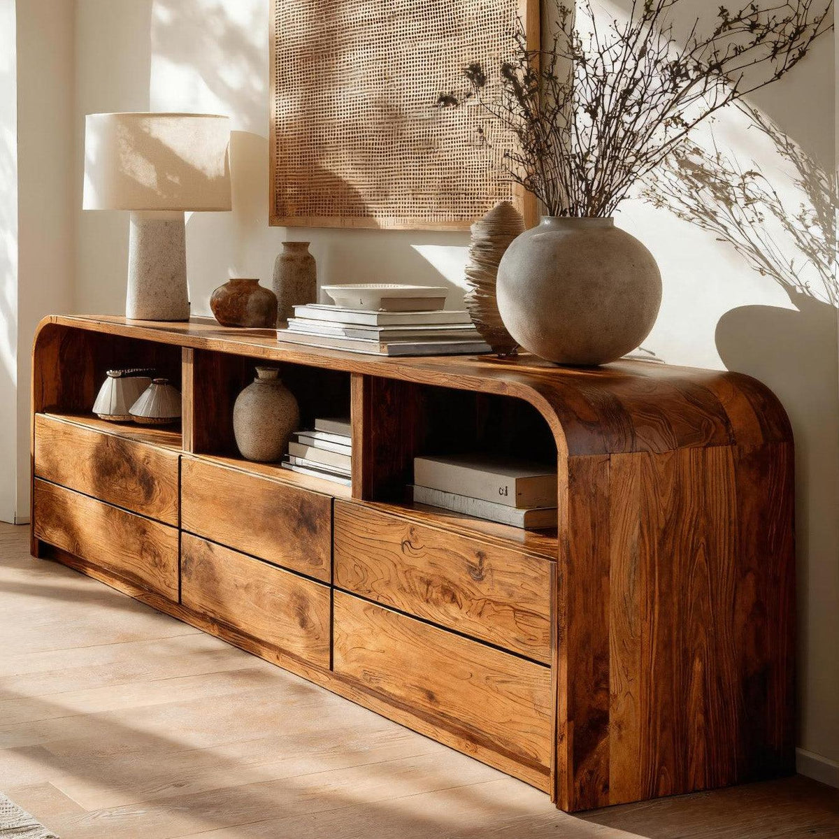Modern Natural Wood Sideboard with Open Shelf, Handcrafted Solid Wood Credenza Cabinet for Living Room, Model