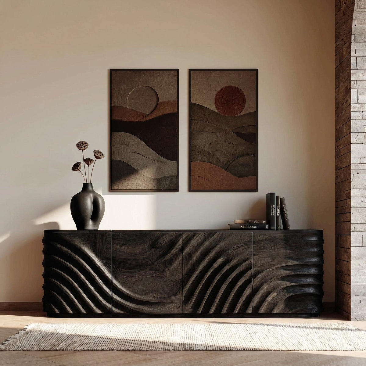Spry Interior Modern Wooden Sideboard with Carved Door, Handcrafted Solid Wood Credenza Cabinet for Minimalist Living Space, Model RTTHHNSD039