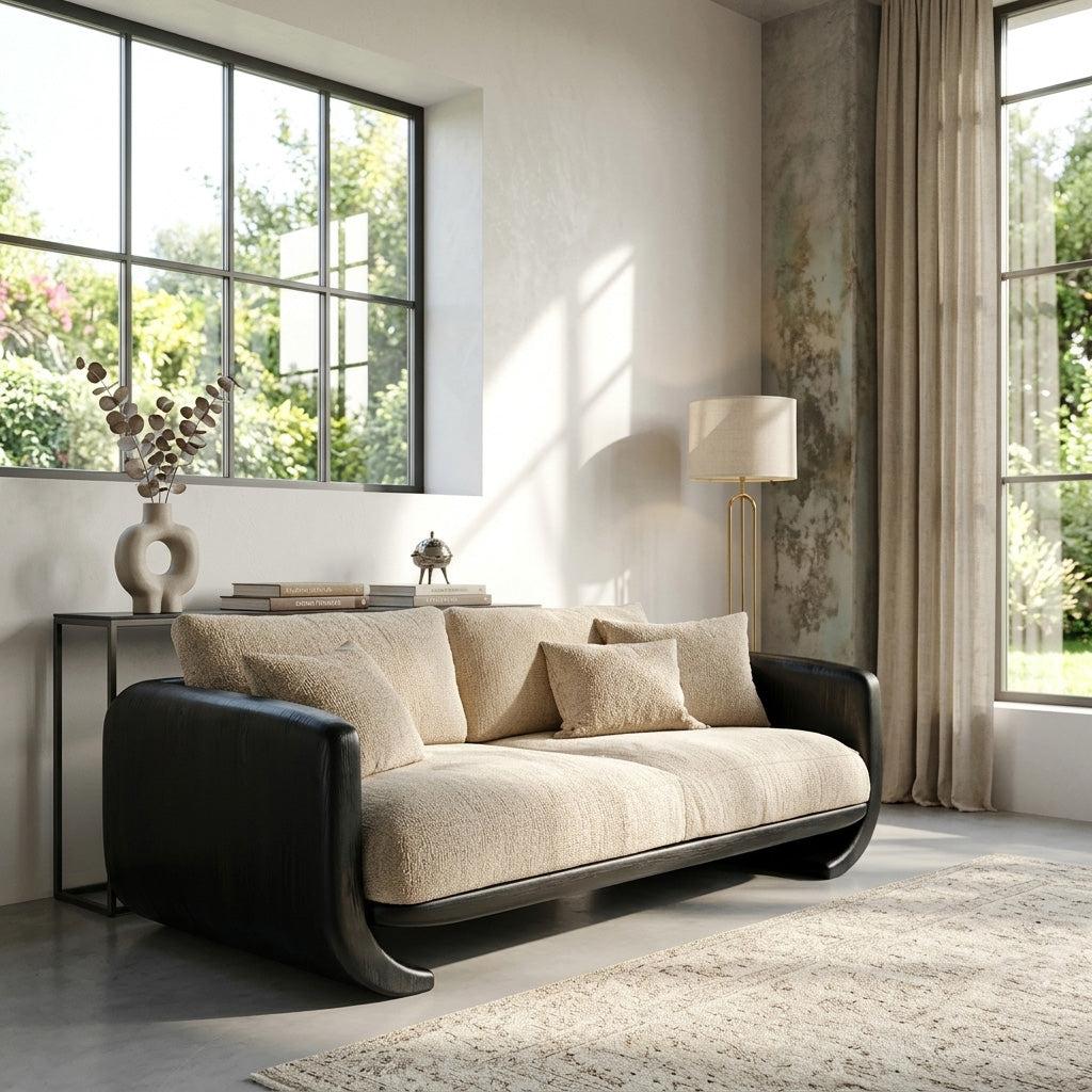 Organic Modern Curved Wood Sofa, Contemporary Lounge Settee, Artistic Designer Couch for Living Room Decor
