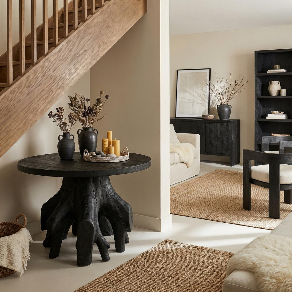 Organic Sculptural Foyer Table, Solid Wood Round Entryway Accent Table for Living Room