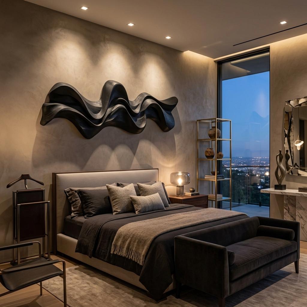 Modern Wavy Wall Art Sculpture, 3D Abstract Fluid Wave Carved Wood Wall Panel for Living Room & Office Decor