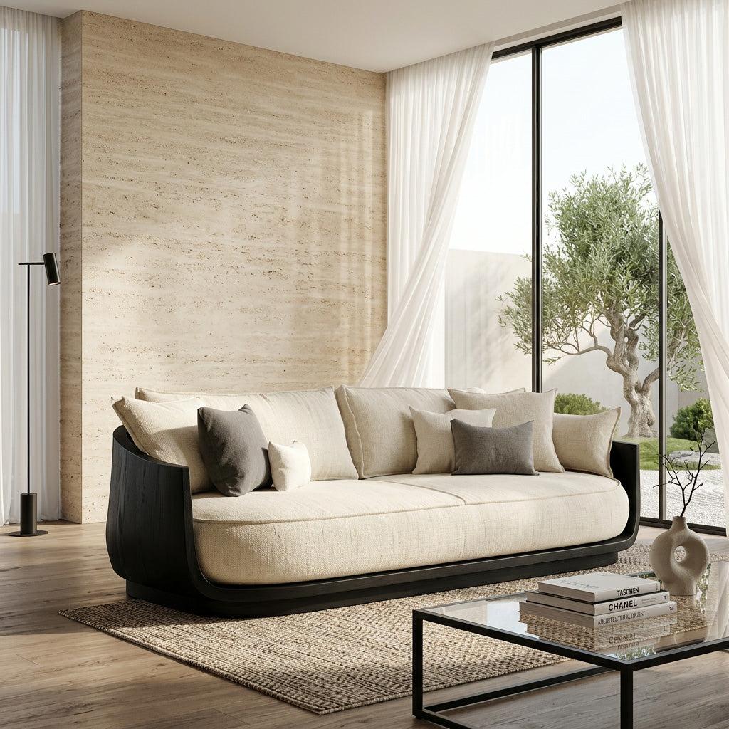 Modern Wooden Sofa with Flowing Rounded Edges, Contemporary Settee Loveseat, Living Room Designer Couch