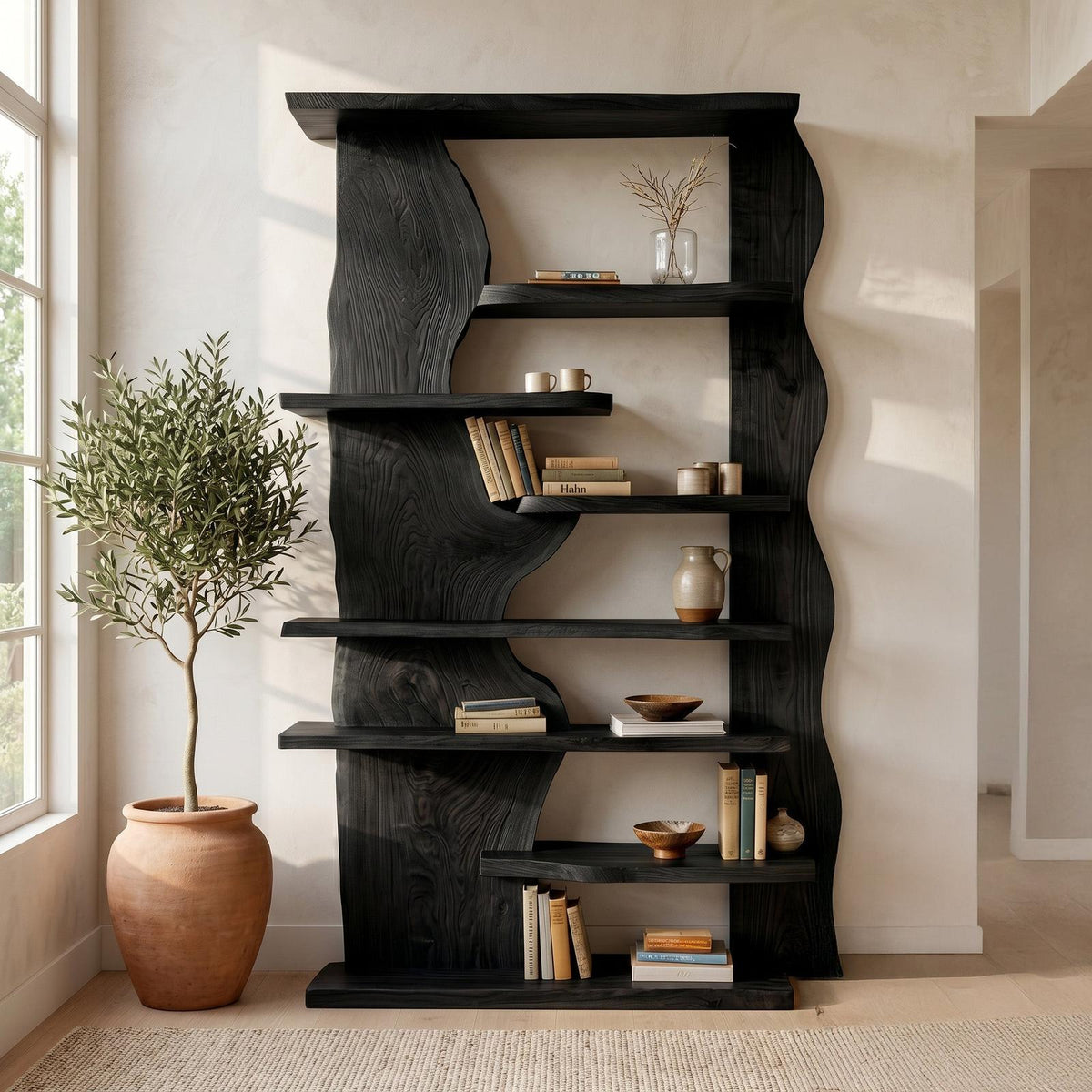 Organic Live Edge Wooden Standing Shelf, Rustic Tiered Bookcase Natural Slab Wood Display Rack for Living Room