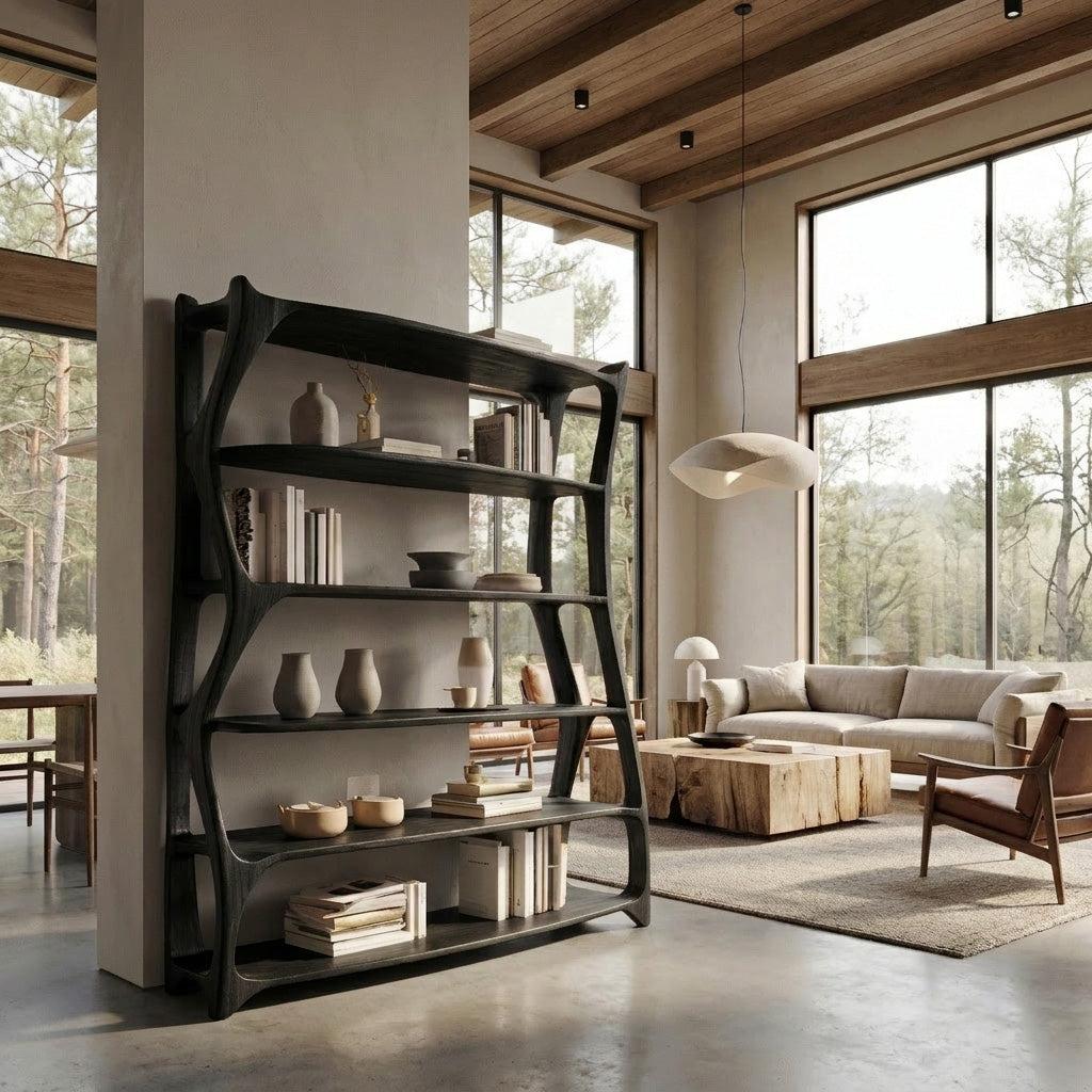 Elegant Wooden Standing Shelf with Storage Tiers, Modern Timber Bookcase Display Rack for Living Room Decor