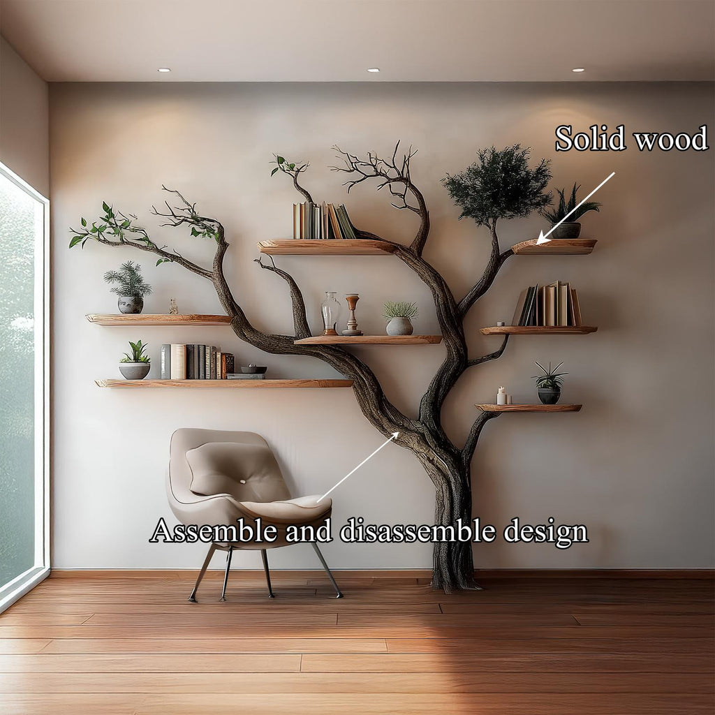Rustic Tree Bookshelf, Solid Wood Wall Mounted Bookcase & Decorative Floating Hanging Shelf Organizer for Living Room Wall
