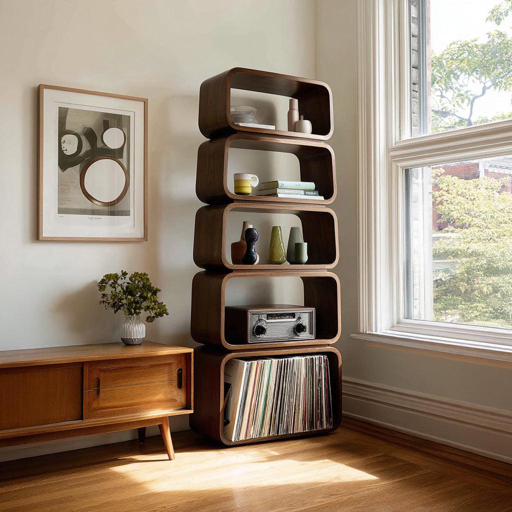 Mid-Century Wooden Standing Shelf, Tiered Bookcase Display Organizer, Retro Storage Rack for Living Room Decor