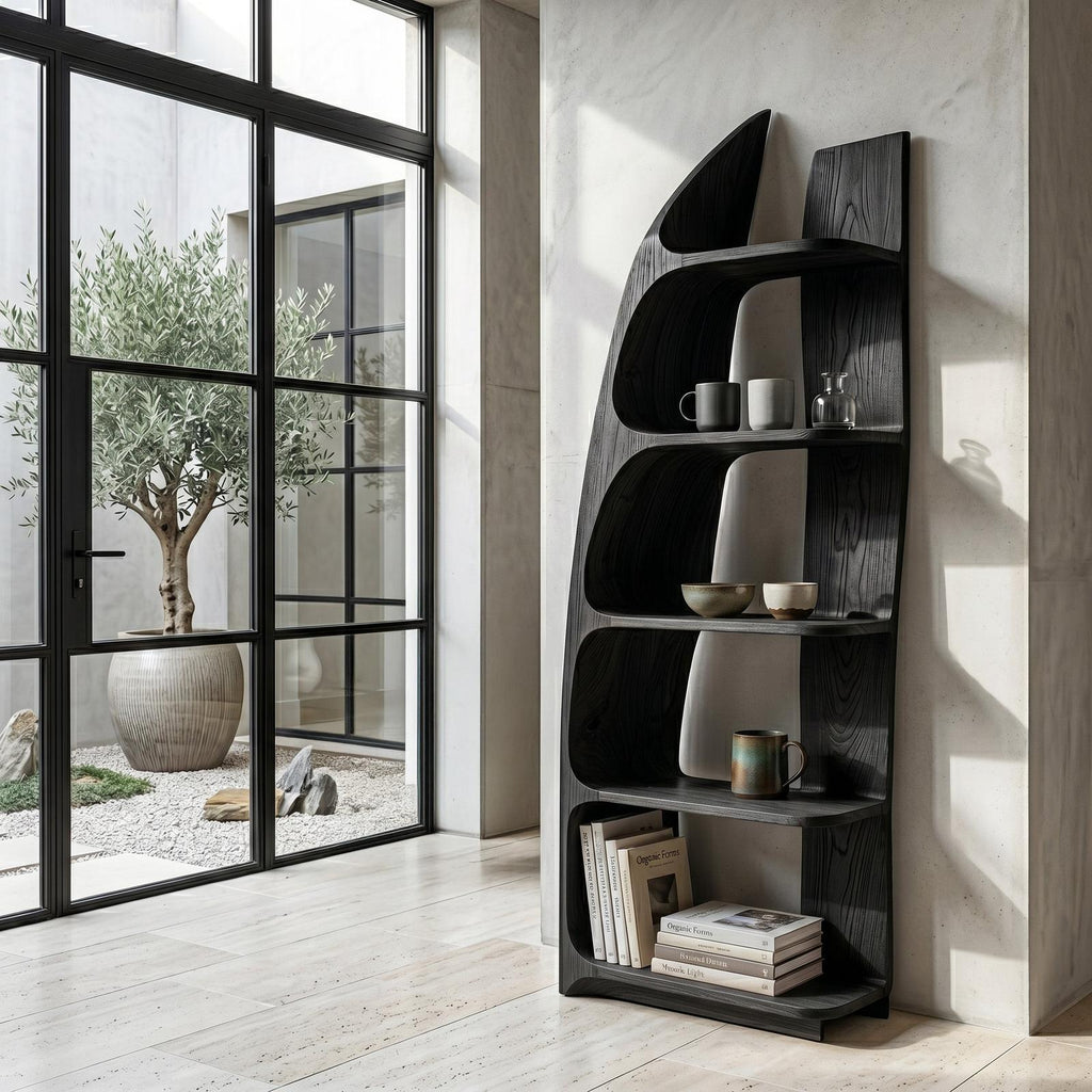 Organic Sculptural Wooden Standing Shelf, Artistic Tiered Bookcase Display Rack for Entryway Hallway Decor