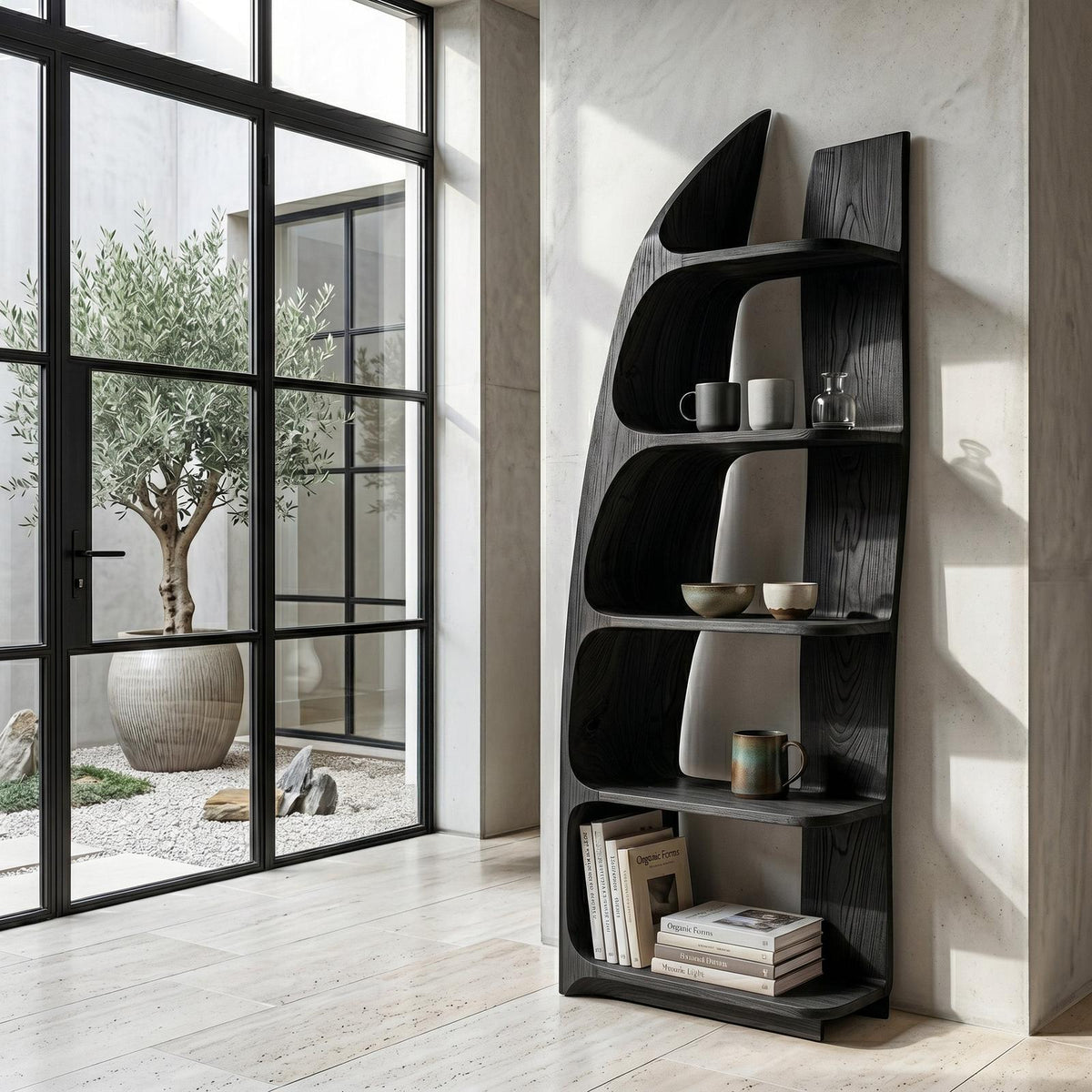 Organic Sculptural Wooden Standing Shelf, Artistic Tiered Bookcase Display Rack for Entryway Hallway Decor