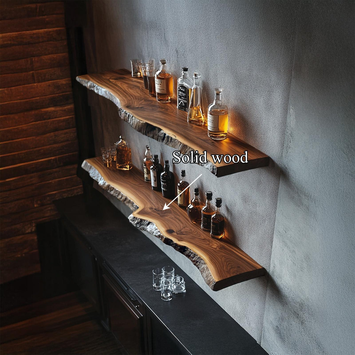 Handcrafted Live Edge Bar Shelf Solid Wood Dining Room Interior Storage