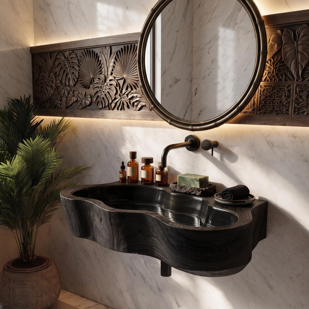 Modern Live Edge Wooden Vessel Sink, Contemporary Solid Wood Bathroom Wash Basin for Vanity Top