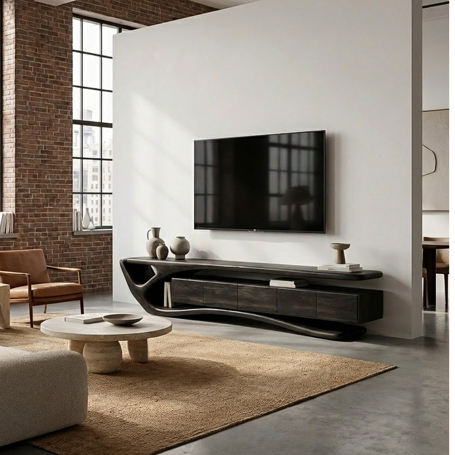 Contemporary Wooden TV Cabinet, Modern Living Room Area Media Console Credenza, Rustic Wood TV Stand