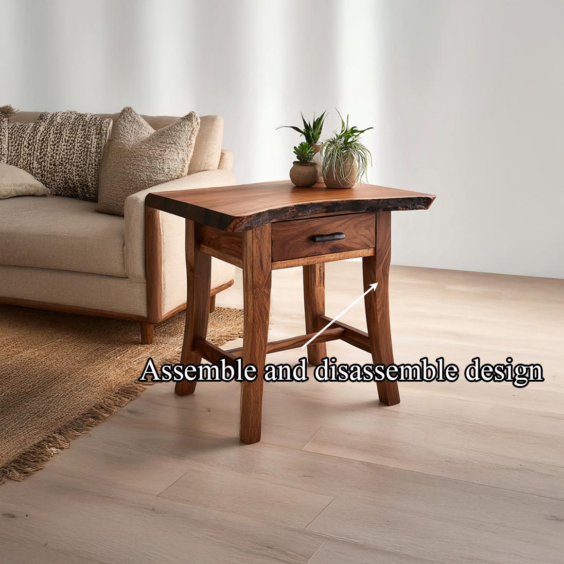 Rustic Solid Wood End Table with Storage, Live Edge Side Table for Living Room Sofa, Handcrafted Bedside Nightstand