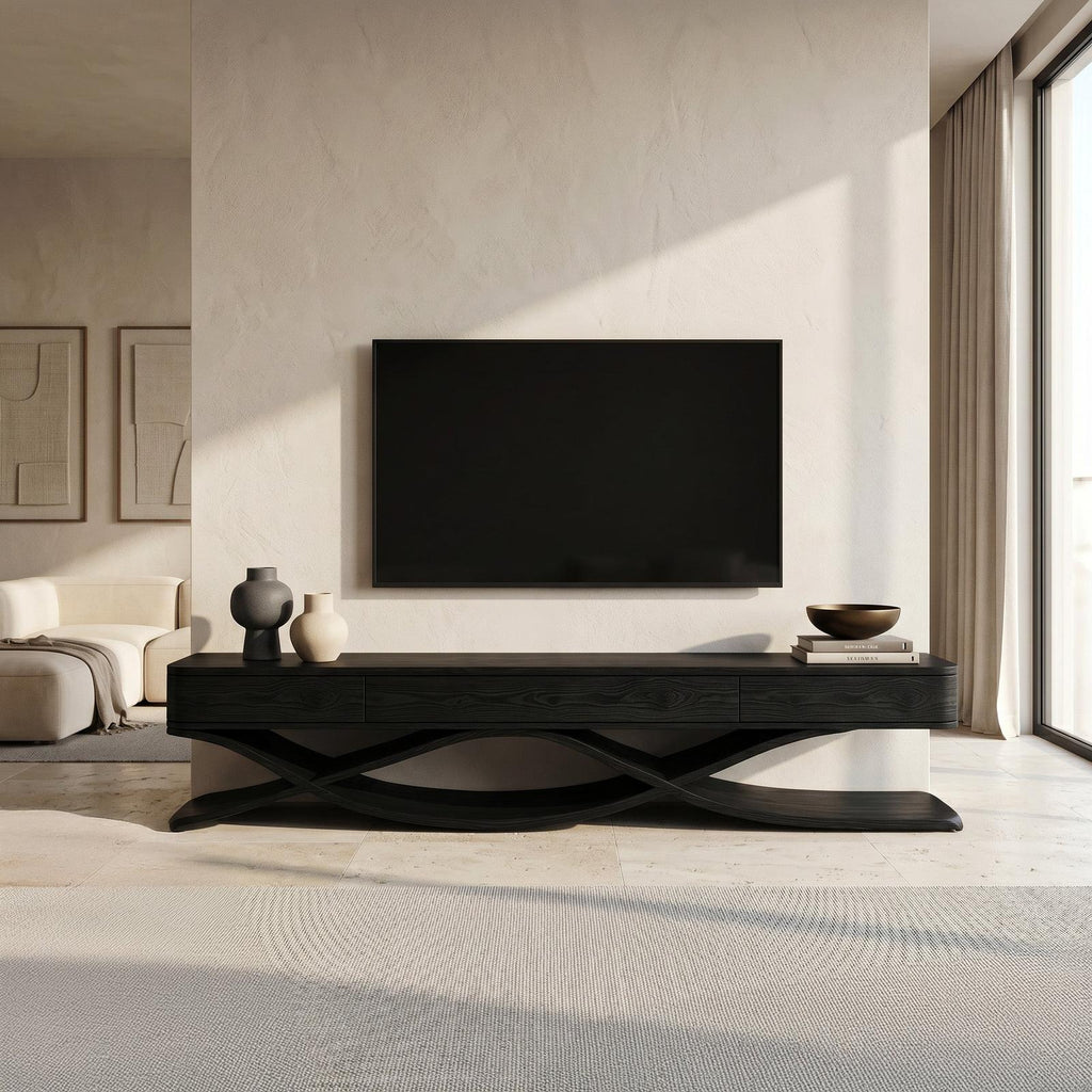 Modern TV Console With Interlocking Sculptural Base For Living Room