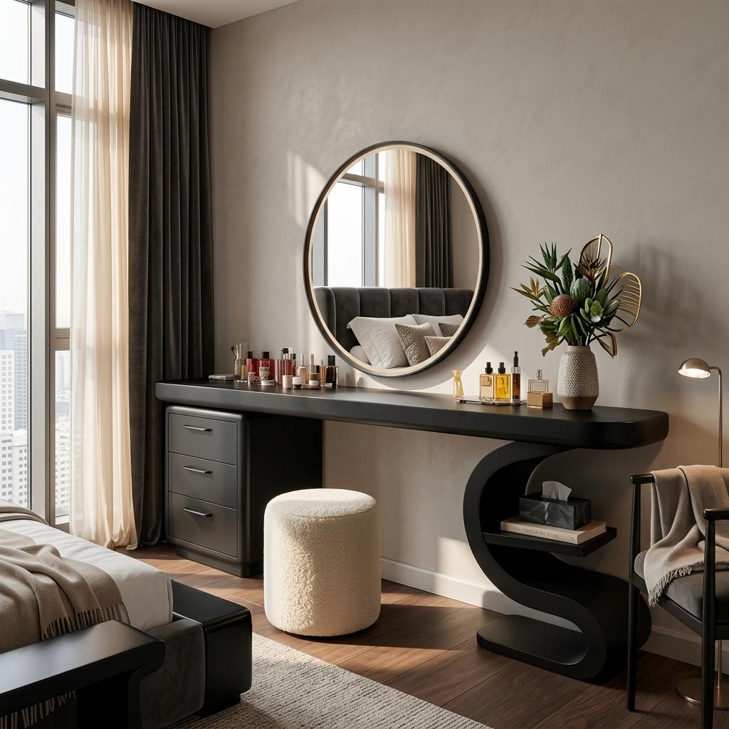 Spry Interior Modern Sculptural Vanity Table, Elegant Wooden Makeup Dressing Desk Console with Storage for Bedroom & Studio, SITHTTMV021