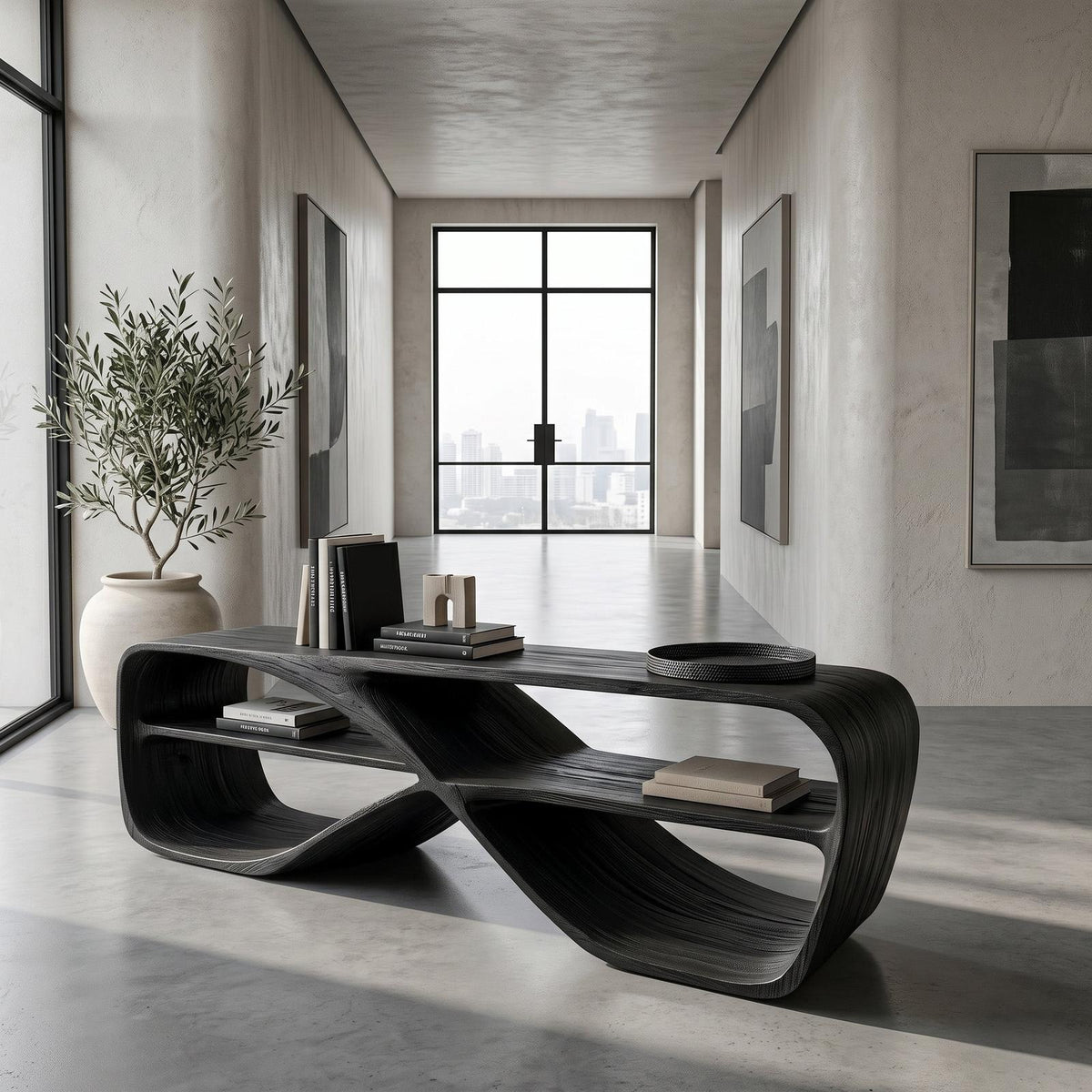Contemporary Sculptural Natural Wood Console Table For Living Room